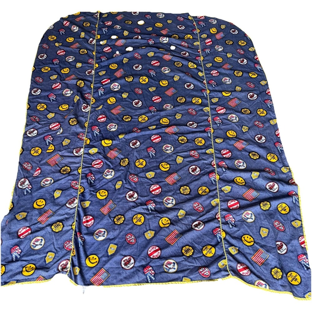 Vtg 1960's Patch Logo Denim Look Twin Bedspread STP Roadrunner Red Baron Smiley